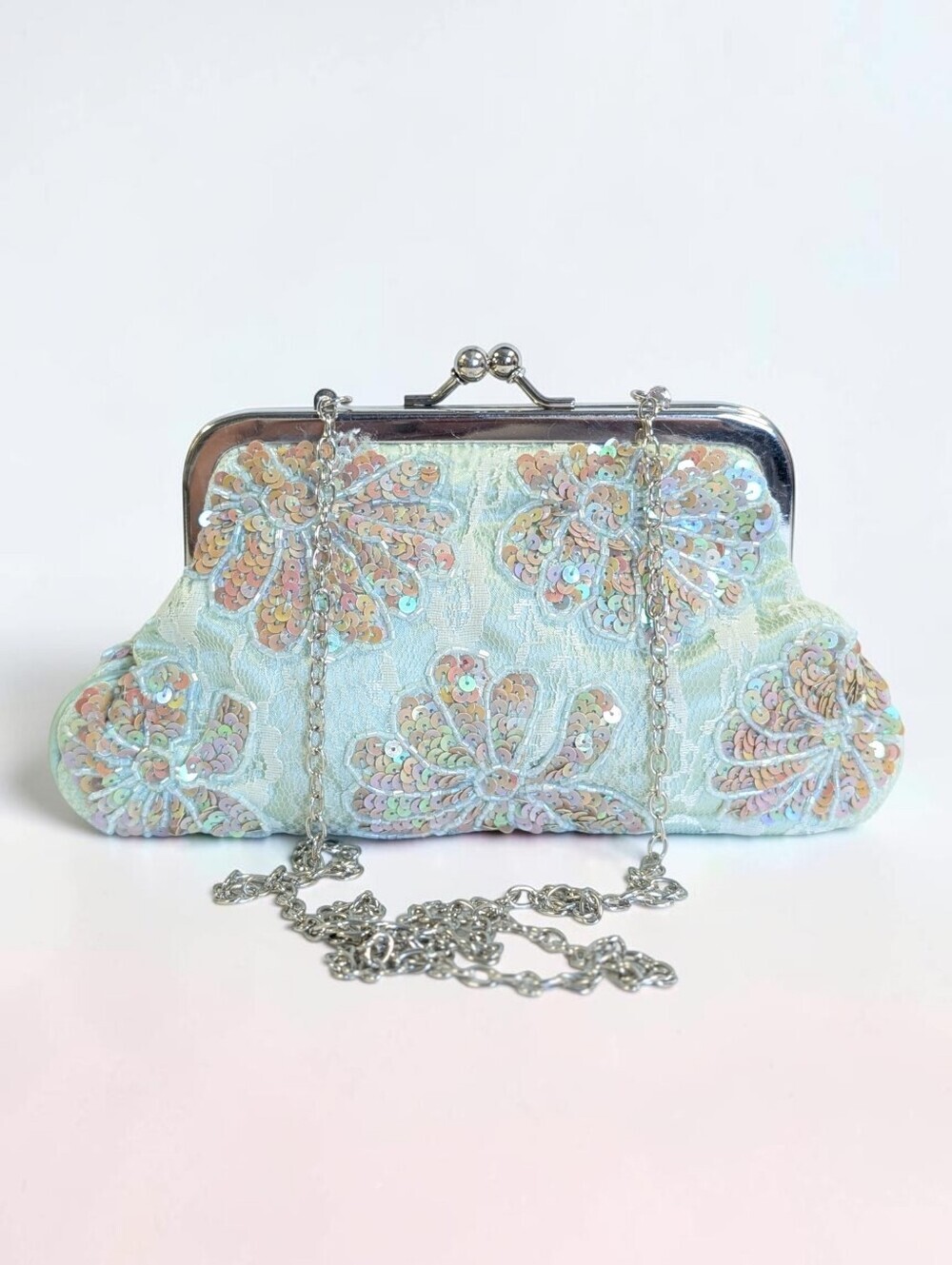 Vintage eBISU Mint Sequin Beaded Lace Kiss Lock Clutch Evening Bag Chain Strap